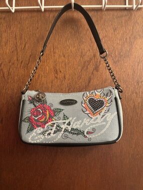 Ed Hardy Light Blue Denim Mini Shoulder Bag with Studded Heart & Rose